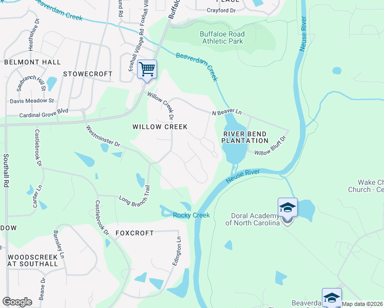 map of restaurants, bars, coffee shops, grocery stores, and more near 3424 South Beaver Lane in Raleigh