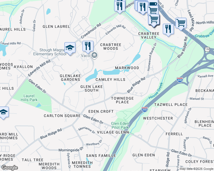 map of restaurants, bars, coffee shops, grocery stores, and more near 3806 Noremac Drive in Raleigh