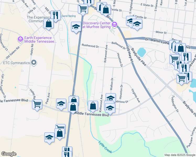 map of restaurants, bars, coffee shops, grocery stores, and more near 1025 Glaze Court in Murfreesboro