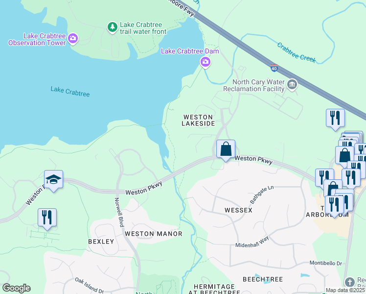 map of restaurants, bars, coffee shops, grocery stores, and more near 5020 Weston Green Loop in Cary