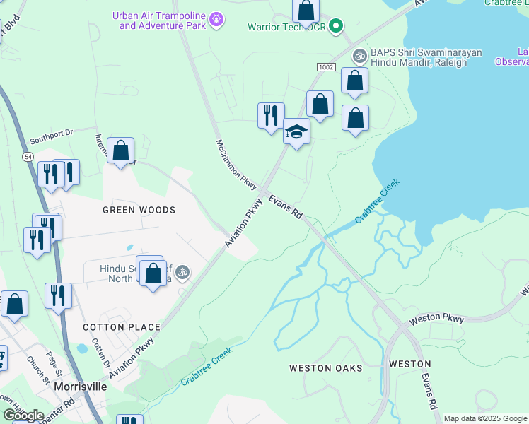 map of restaurants, bars, coffee shops, grocery stores, and more near 2599 Evans Road in Morrisville