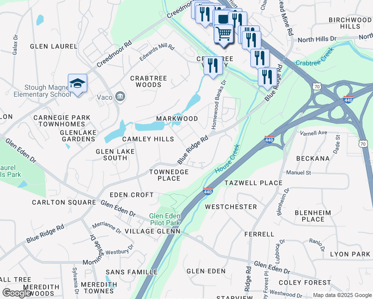 map of restaurants, bars, coffee shops, grocery stores, and more near 3701 Holly Lane in Raleigh