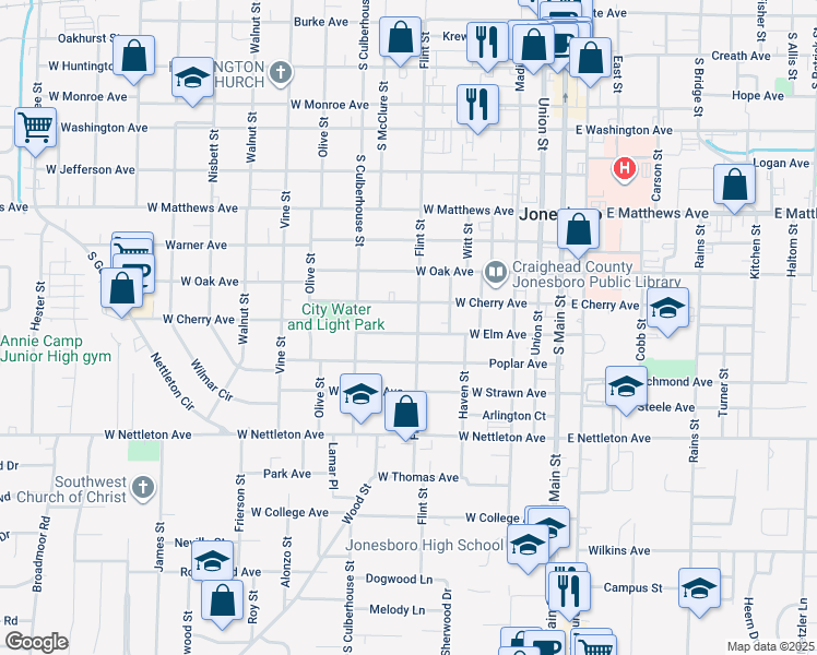map of restaurants, bars, coffee shops, grocery stores, and more near 606b West Elm Avenue in Jonesboro