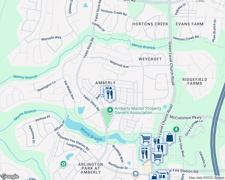 map of restaurants, bars, coffee shops, grocery stores, and more near Balsam Fir Drive in Cary
