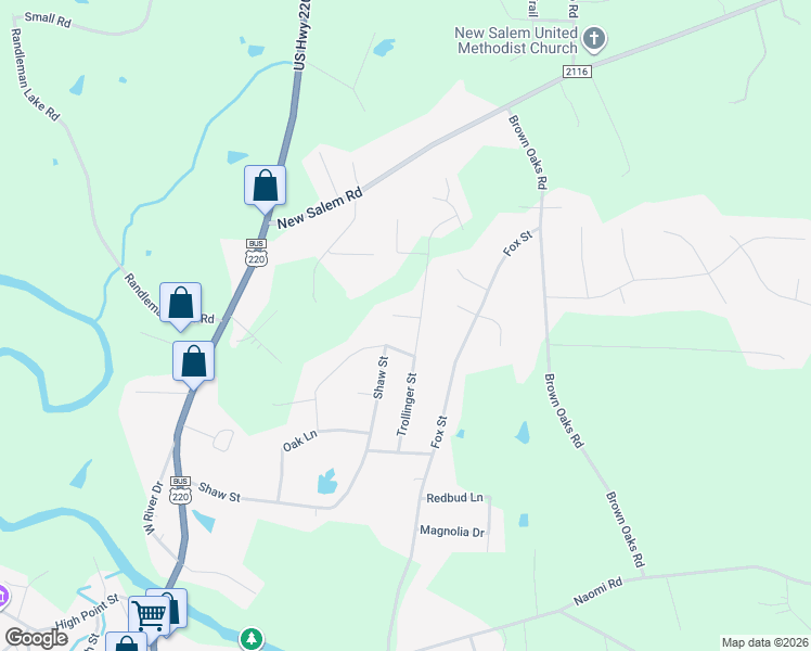 map of restaurants, bars, coffee shops, grocery stores, and more near 6 Bradsher Court in Randleman