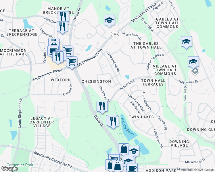 map of restaurants, bars, coffee shops, grocery stores, and more near 2019 Freeport Drive in Cary