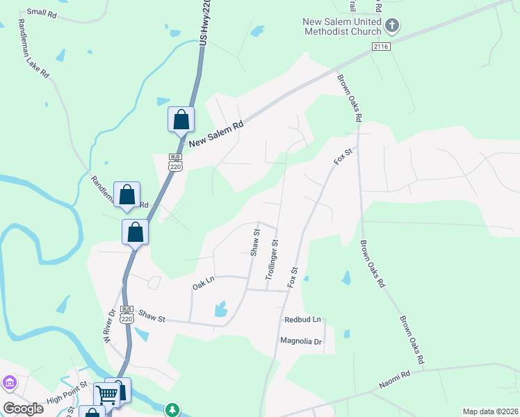 map of restaurants, bars, coffee shops, grocery stores, and more near 6 Bradsher Ct in Randleman