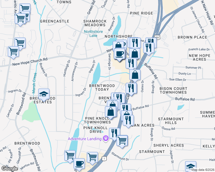 map of restaurants, bars, coffee shops, grocery stores, and more near 3805 Chesnee Place in Raleigh