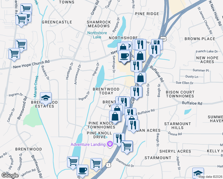 map of restaurants, bars, coffee shops, grocery stores, and more near 3805 Chesnee Place in Raleigh
