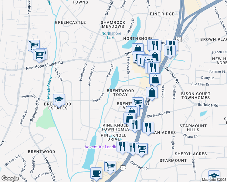 map of restaurants, bars, coffee shops, grocery stores, and more near 3609 Greywood Drive in Raleigh