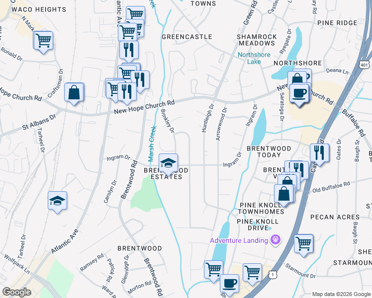 map of restaurants, bars, coffee shops, grocery stores, and more near 3613 Allendale Drive in Raleigh