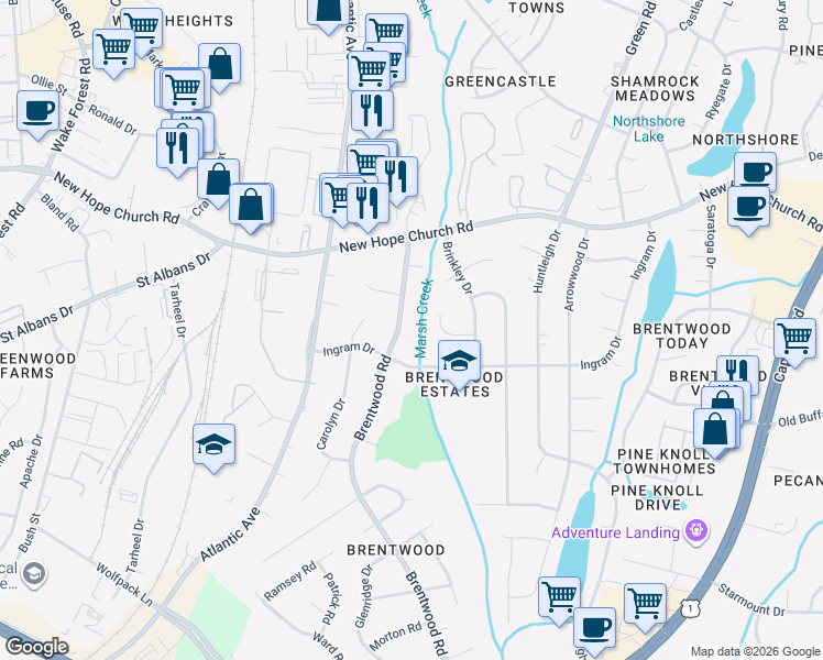 map of restaurants, bars, coffee shops, grocery stores, and more near 3316 Heritage Place in Raleigh