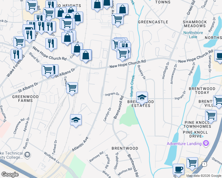 map of restaurants, bars, coffee shops, grocery stores, and more near 3605 Carolyn Drive in Raleigh
