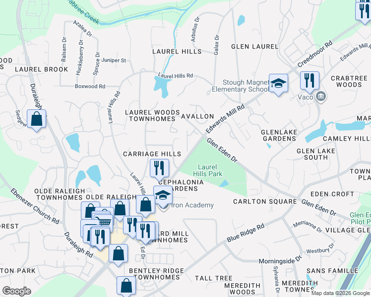 map of restaurants, bars, coffee shops, grocery stores, and more near 3514 Carriage Drive in Raleigh