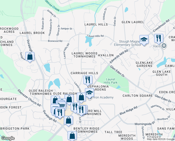 map of restaurants, bars, coffee shops, grocery stores, and more near 3609 Carriage Drive in Raleigh