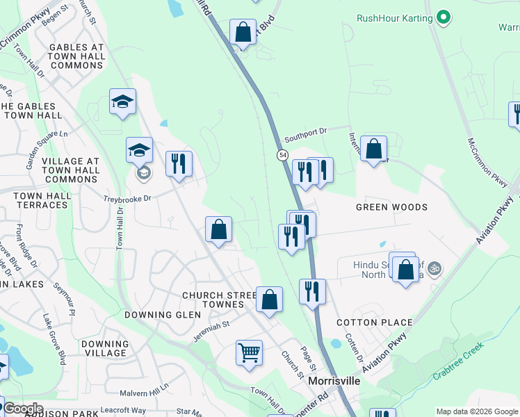 map of restaurants, bars, coffee shops, grocery stores, and more near 10305 Chapel Hill Road in Morrisville