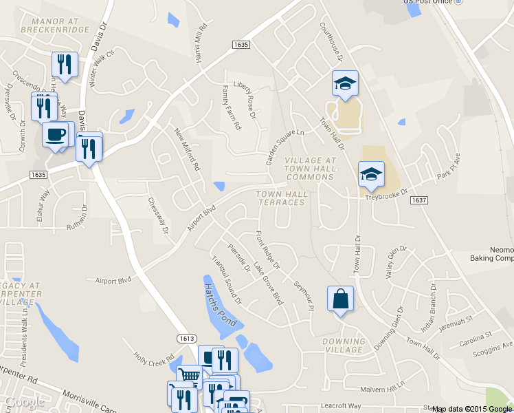 map of restaurants, bars, coffee shops, grocery stores, and more near 544 Front Ridge Drive in Cary