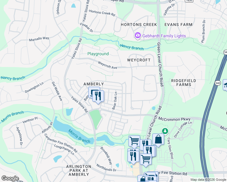 map of restaurants, bars, coffee shops, grocery stores, and more near 3915 Overcup Oak Lane in Cary