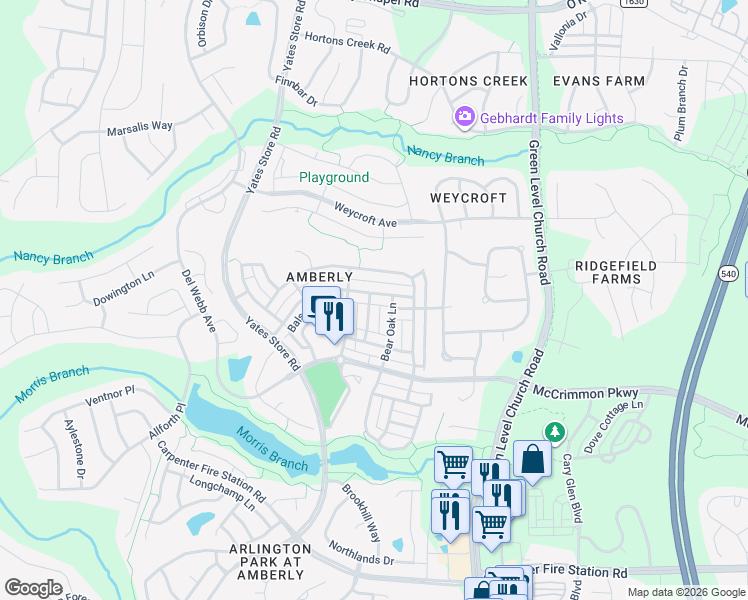 map of restaurants, bars, coffee shops, grocery stores, and more near 3915 Overcup Oak Lane in Cary