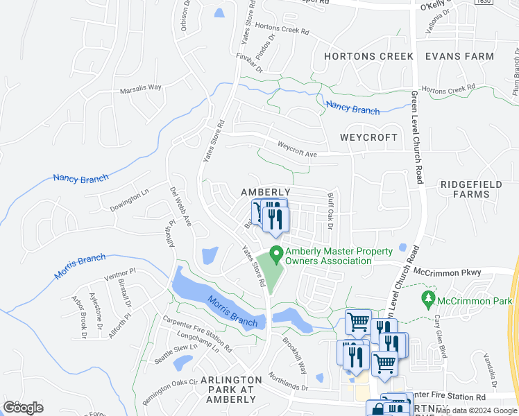 map of restaurants, bars, coffee shops, grocery stores, and more near 4037 Overcup Oak Lane in Cary