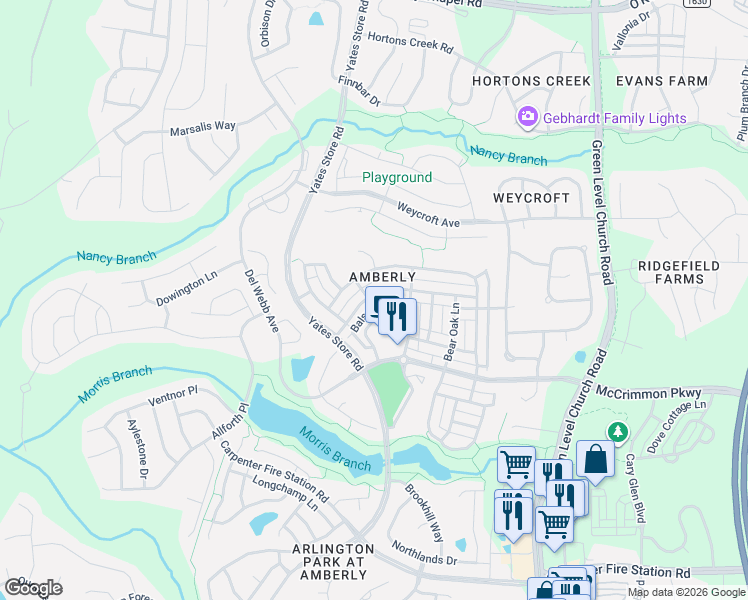 map of restaurants, bars, coffee shops, grocery stores, and more near 609 Balsam Fir Drive in Cary