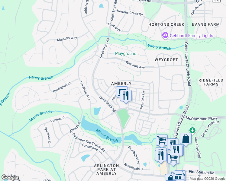 map of restaurants, bars, coffee shops, grocery stores, and more near 4114 Overcup Oak Lane in Cary