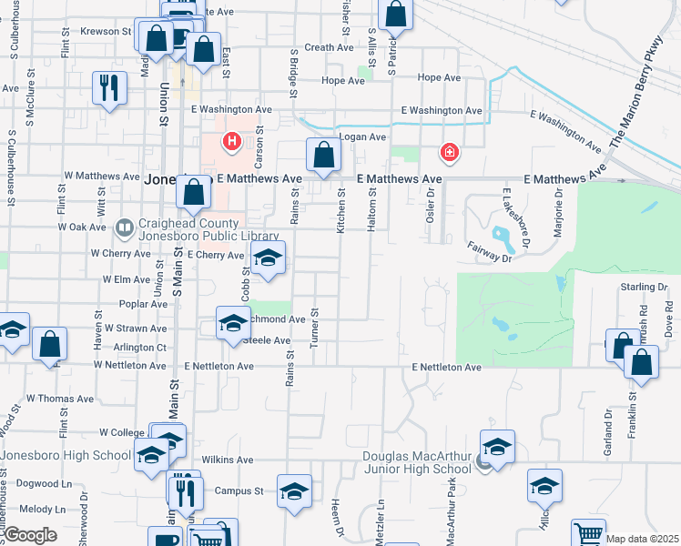map of restaurants, bars, coffee shops, grocery stores, and more near 1106 Kitchen Street in Jonesboro