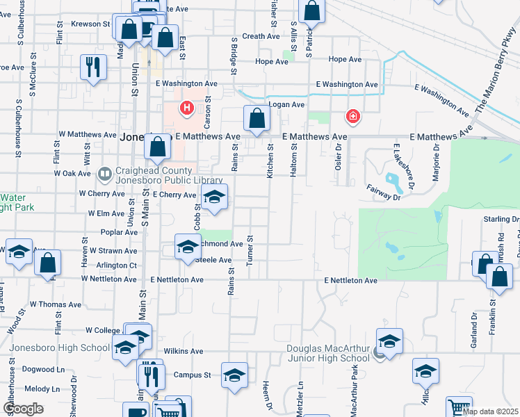 map of restaurants, bars, coffee shops, grocery stores, and more near 1106 Kitchen Street in Jonesboro