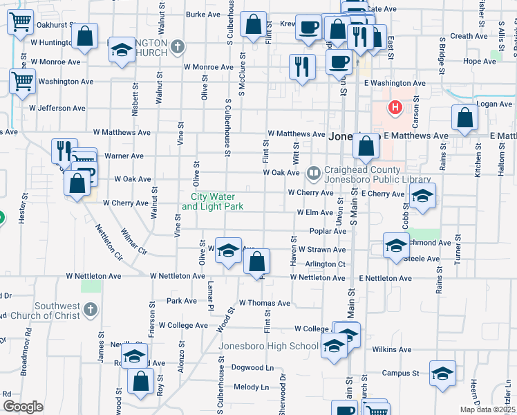 map of restaurants, bars, coffee shops, grocery stores, and more near 606b West Elm Avenue in Jonesboro
