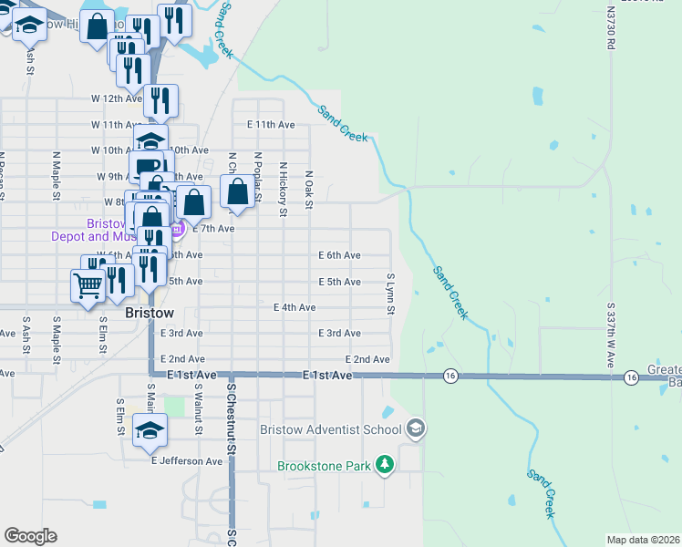 map of restaurants, bars, coffee shops, grocery stores, and more near 623 East 5th Avenue in Bristow