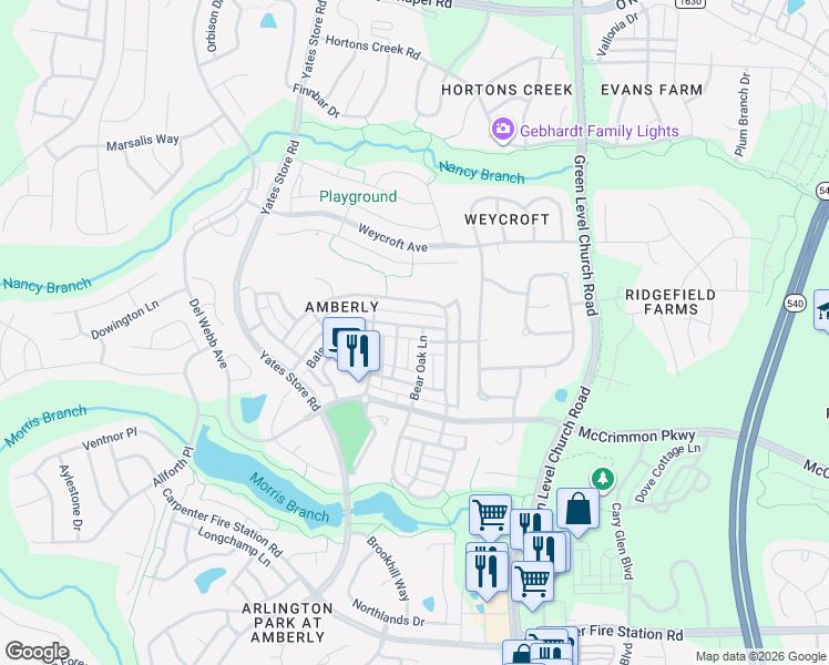 map of restaurants, bars, coffee shops, grocery stores, and more near 3915 Overcup Oak Lane in Cary