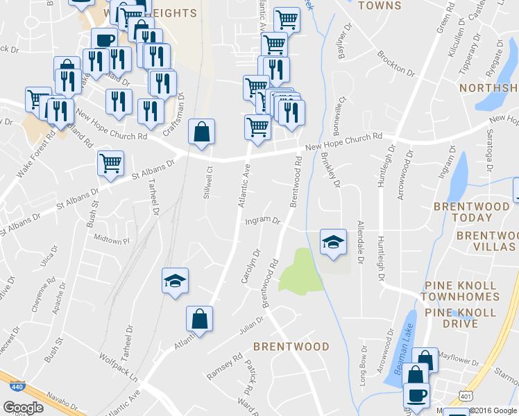 map of restaurants, bars, coffee shops, grocery stores, and more near 3605 Carolyn Drive in Raleigh