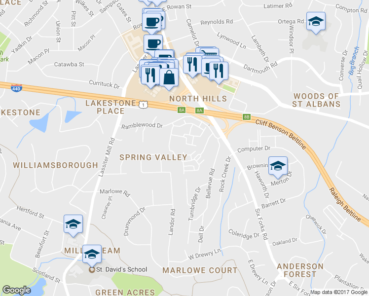 map of restaurants, bars, coffee shops, grocery stores, and more near 3609 Rolston Dr in Raleigh