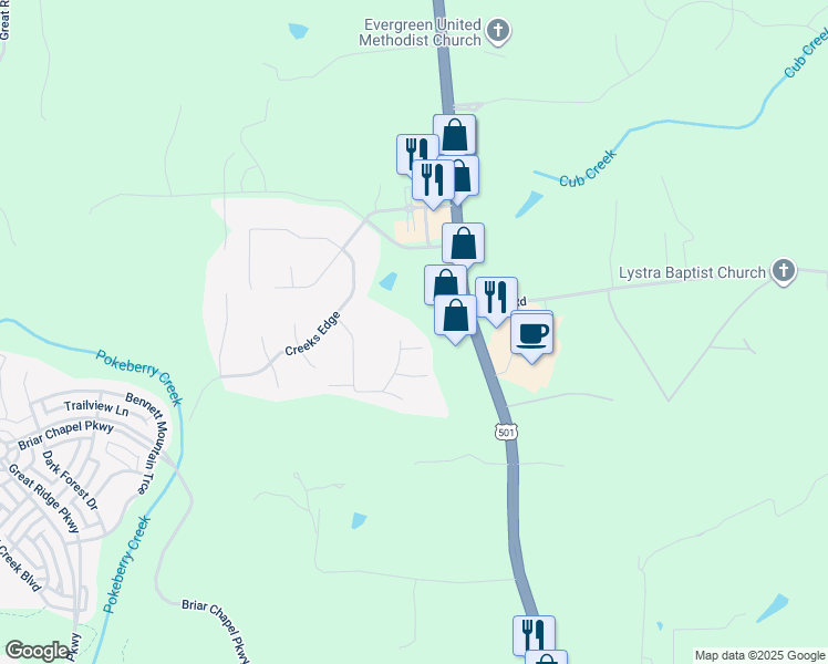 map of restaurants, bars, coffee shops, grocery stores, and more near 118 Hidden Valley Drive in Chapel Hill