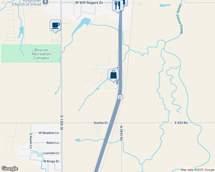 map of restaurants, bars, coffee shops, grocery stores, and more near 110 Mitchell Boulevard in Kingfisher
