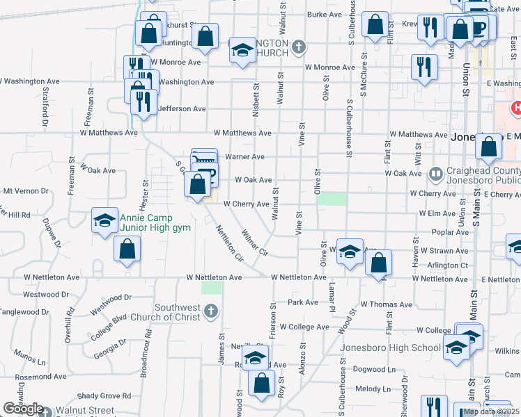 map of restaurants, bars, coffee shops, grocery stores, and more near 1100 Belwood Court in Jonesboro
