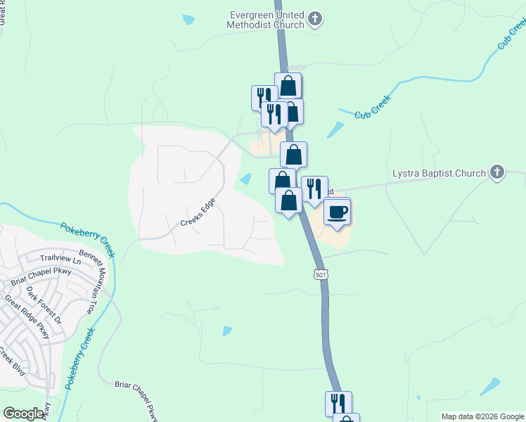 map of restaurants, bars, coffee shops, grocery stores, and more near 118 Hidden Valley Drive in Chapel Hill