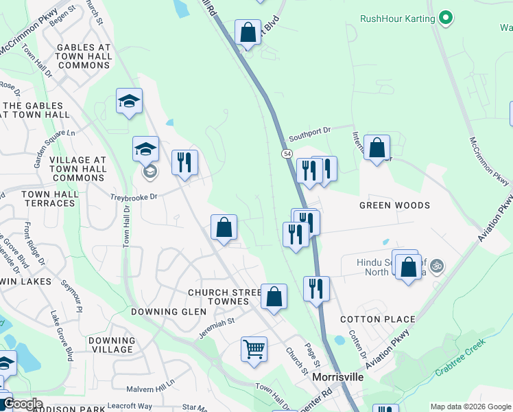 map of restaurants, bars, coffee shops, grocery stores, and more near 1024 Yatesbury Place in Morrisville