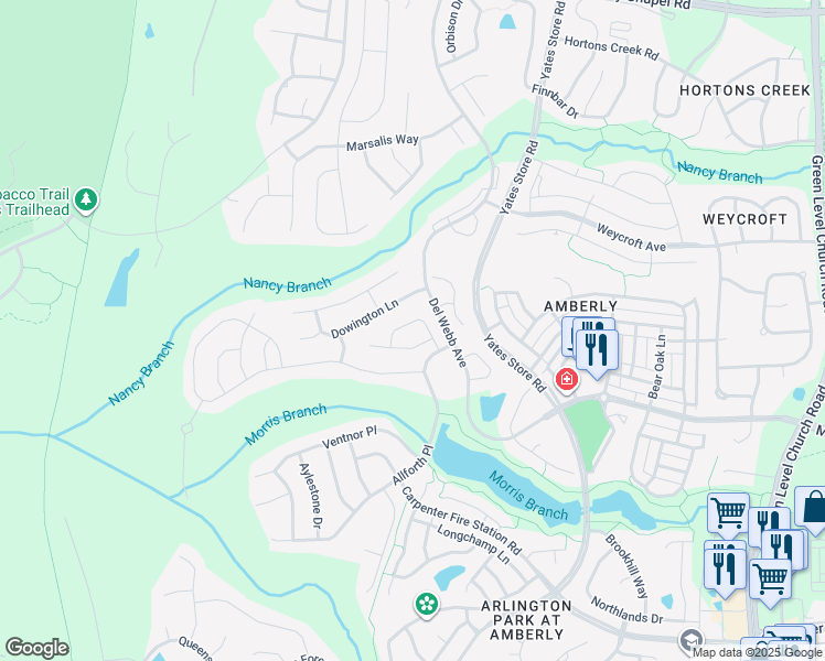 map of restaurants, bars, coffee shops, grocery stores, and more near 413 Easton Grey Loop in Cary