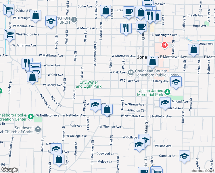 map of restaurants, bars, coffee shops, grocery stores, and more near 606 West Elm Avenue in Jonesboro