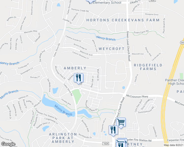 map of restaurants, bars, coffee shops, grocery stores, and more near 3915 Overcup Oak Lane in Cary