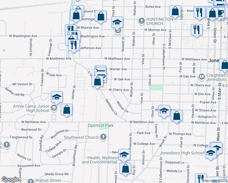 map of restaurants, bars, coffee shops, grocery stores, and more near 1100 Wilmar Circle in Jonesboro