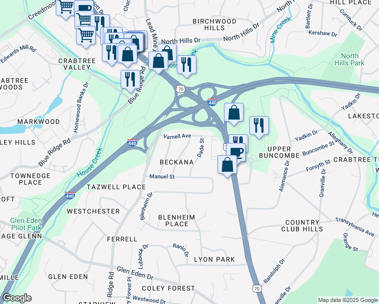 map of restaurants, bars, coffee shops, grocery stores, and more near 3704 Swann Street in Raleigh