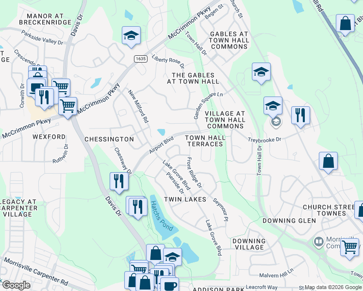 map of restaurants, bars, coffee shops, grocery stores, and more near 408 Otter Cliff Way in Cary