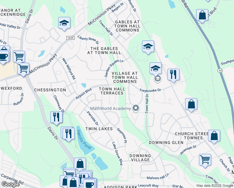 map of restaurants, bars, coffee shops, grocery stores, and more near 1212 Garden Square Lane in Morrisville