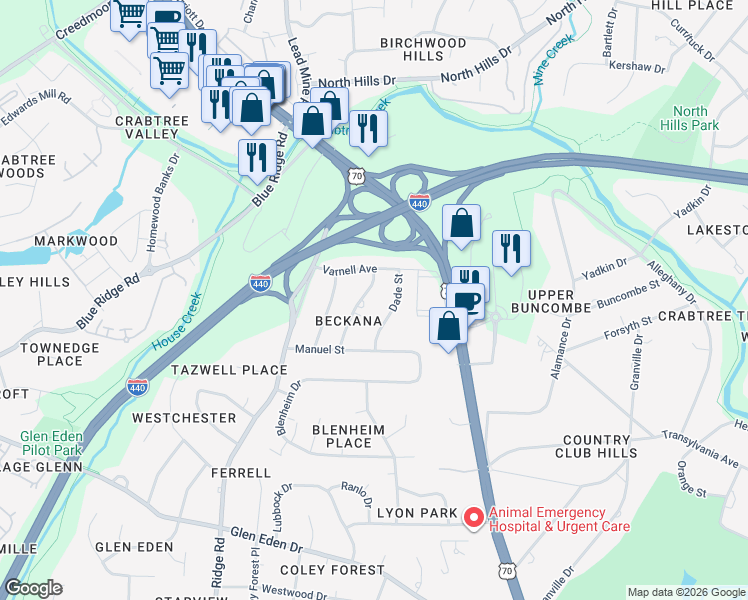 map of restaurants, bars, coffee shops, grocery stores, and more near 3704 Swann Street in Raleigh