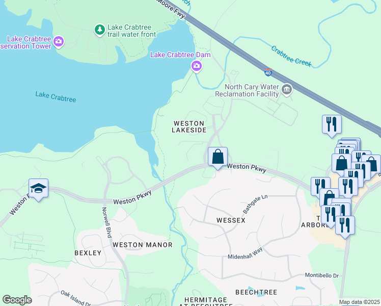 map of restaurants, bars, coffee shops, grocery stores, and more near 1001 Winstead Dr in Cary