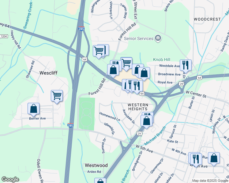 map of restaurants, bars, coffee shops, grocery stores, and more near 306 Forest Hill Road in Lexington