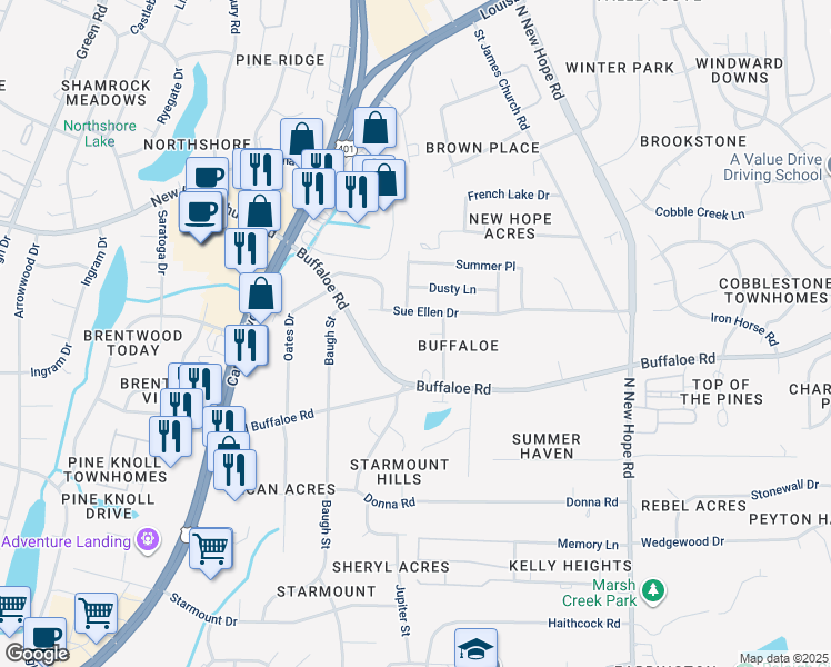 map of restaurants, bars, coffee shops, grocery stores, and more near 3645 Bison Hill Lane in Raleigh