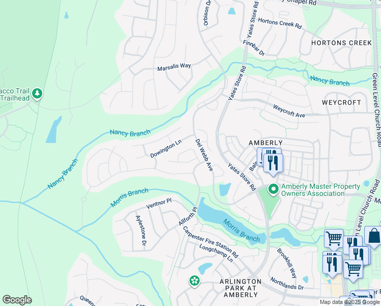 map of restaurants, bars, coffee shops, grocery stores, and more near 323 Easton Grey Loop in Cary
